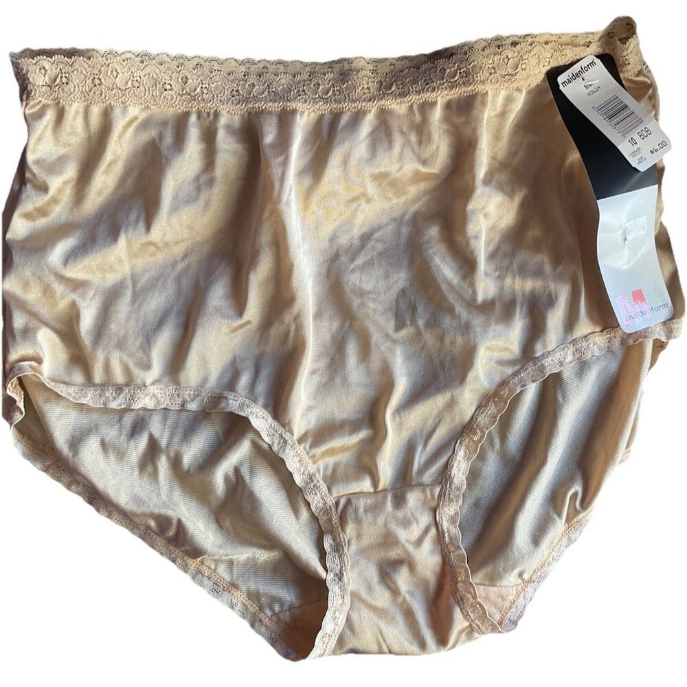 VTG Maidenform NWT Silky Nylon Briefs Size 10 Beige Lace Waist 40614 Granny
